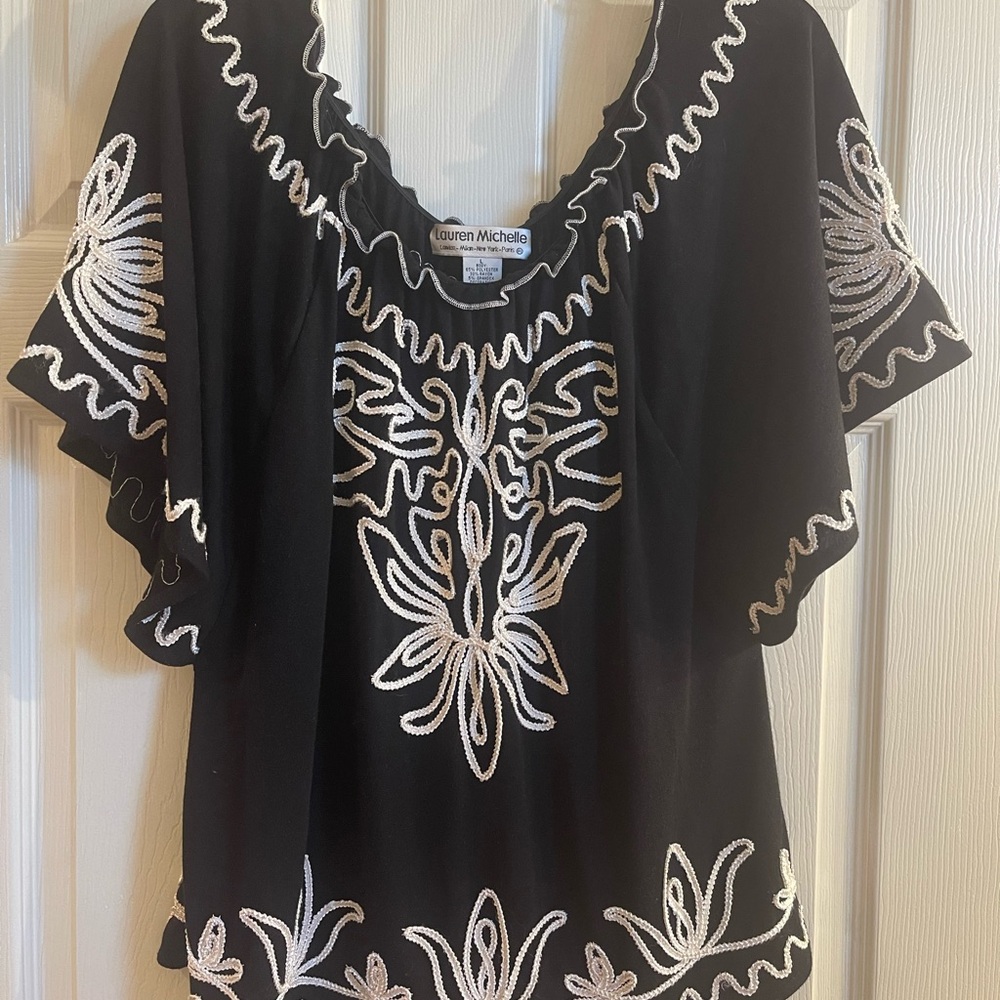Lauren Michelle Black Top with White Embroidery